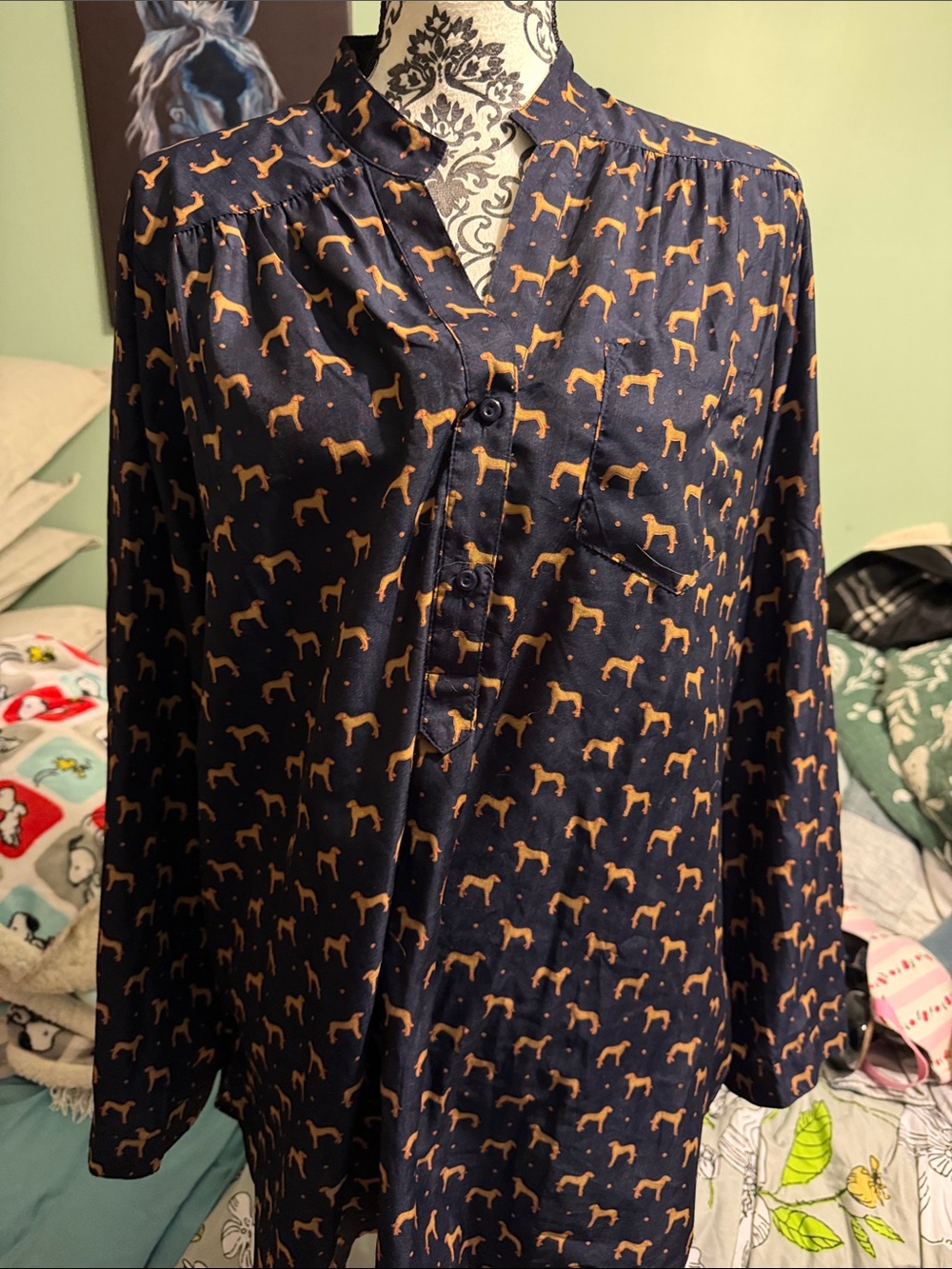 fun 2 fun Navy Blouse with Tan Dog Print
